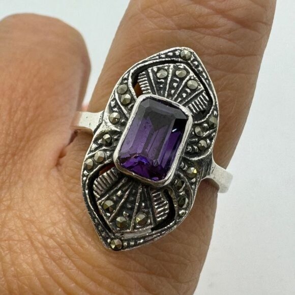 Sterling Silver Amethyst Ring size 7.5 Vintage Antique Style .925 - Picture 9 of 9